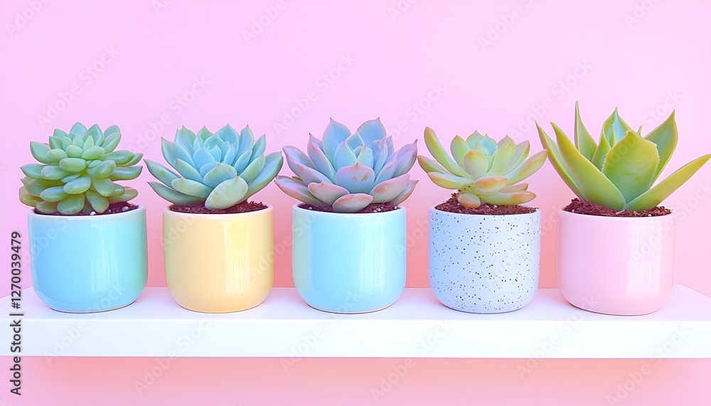 Obraz premium Colorful succulent collection in vibrant pots against pink background
