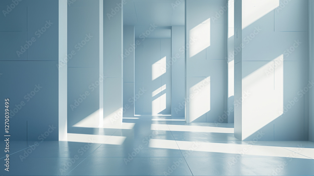Modern interior space with bright sunlight casting shadows on white walls Modern interior space with bright sunlight casting shadows on white walls