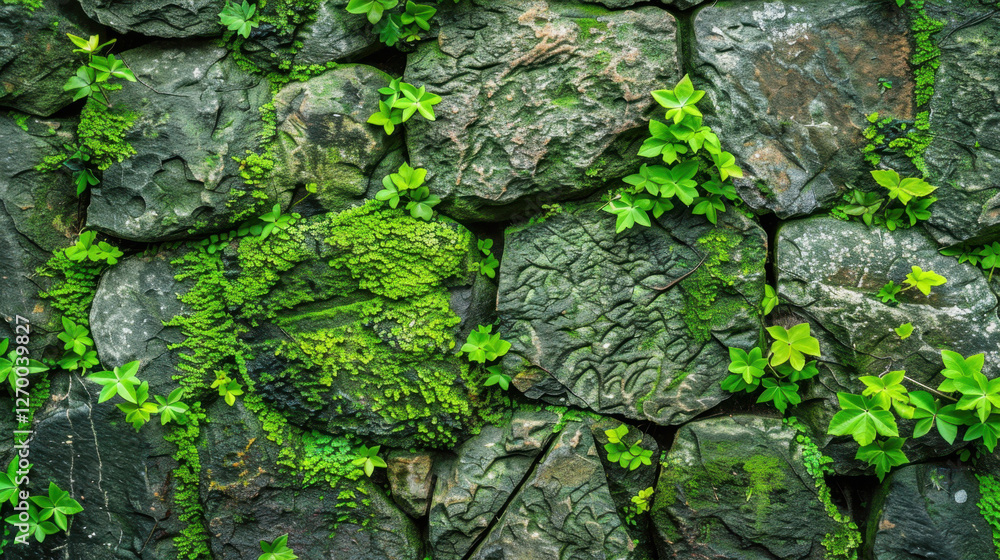 Lush green vines and moss cover textured stone wall, creating vibrant natural scene. interplay of stone and greenery evokes sense of tranquility and harmony Lush green vines and moss cover textured stone wall, creating vibrant natural scene. interplay of stone and greenery evokes sense of tranquility and harmony