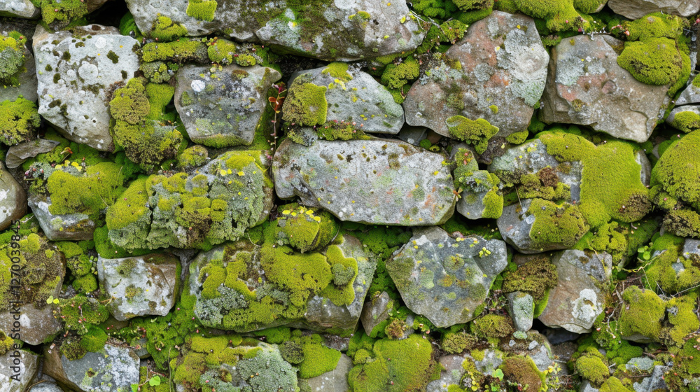 Moss covered stones create vibrant, textured wall, showcasing nature beauty and resilience. green moss contrasts with gray rocks, adding depth and interest Moss covered stones create vibrant, textured wall, showcasing nature beauty and resilience. green moss contrasts with gray rocks, adding depth and interest