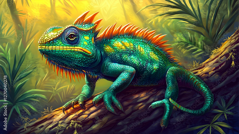 Fototapeta premium Vibrant chameleon perched on jungle branch, sunlit foliage background, ideal for game design
