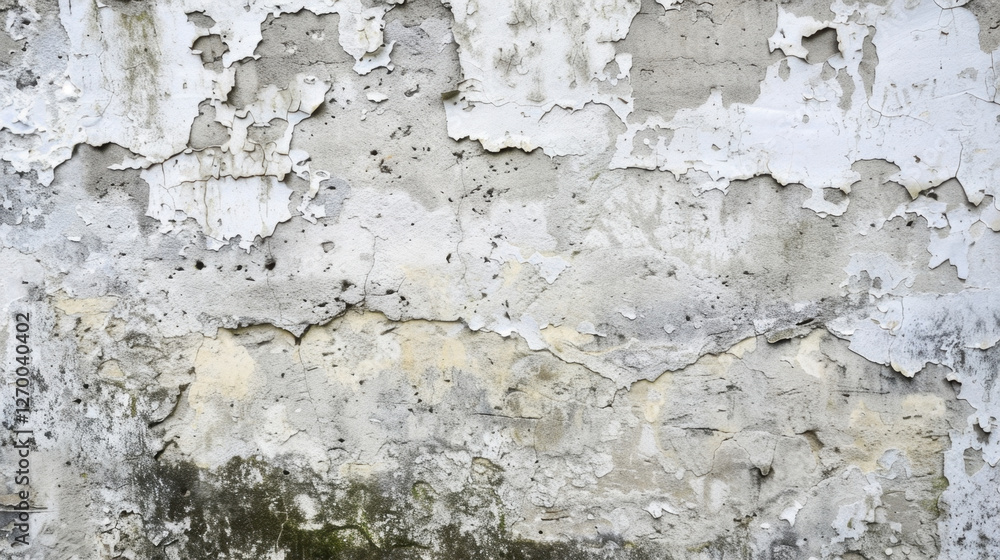 Peeling paint on textured wall, showcasing layers of decay and age. surface displays mix of white and gray tones, creating interesting visual pattern Peeling paint on textured wall, showcasing layers of decay and age. surface displays mix of white and gray tones, creating interesting visual pattern