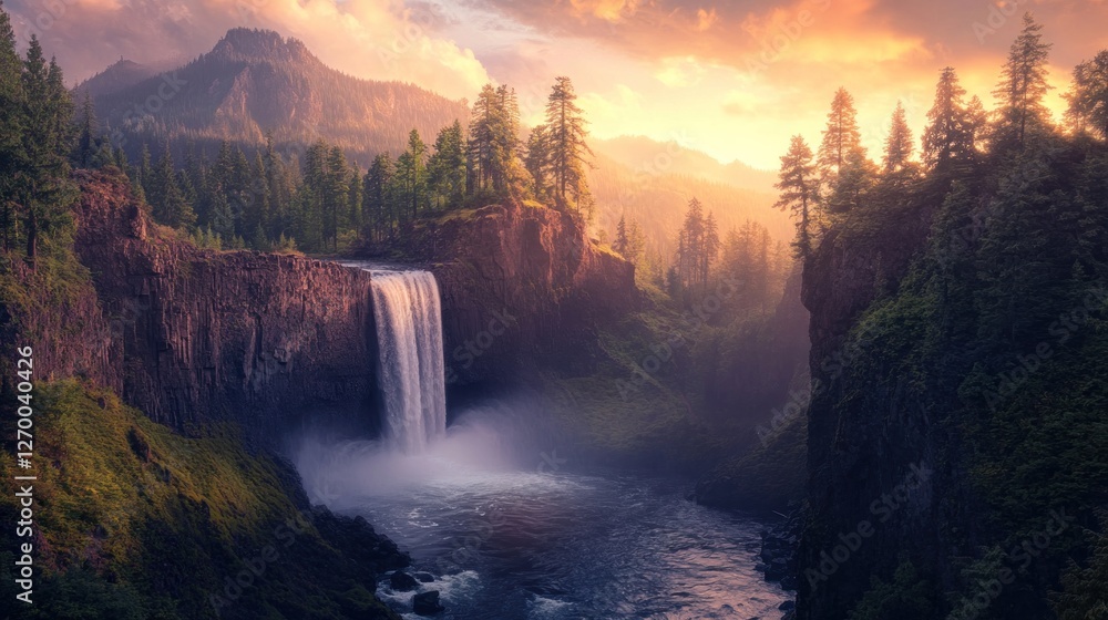 Fototapeta premium Majestic waterfall cascading through a vibrant forest landscape at sunset