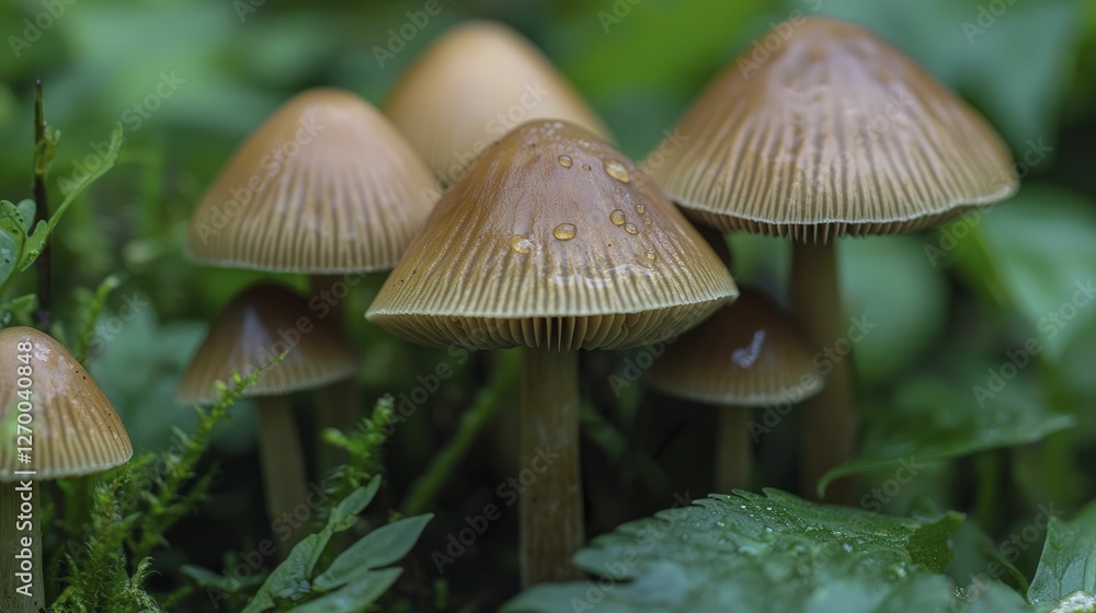 Close-up of freshly harvested artisanal mushrooms with dew drops glistening, surrounded by lush green foliage creating a serene garden scene Close-up of freshly harvested artisanal mushrooms with dew drops glistening, surrounded by lush green foliage creating a serene garden scene