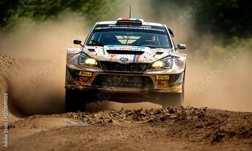 Rally car driving through dusty track