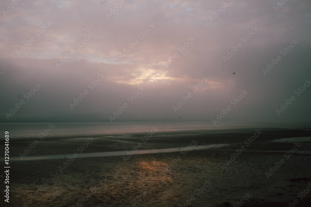 A low-lying, overcast sky, likely dawn or dusk, hangs heavy over a coastal area at low tide.  