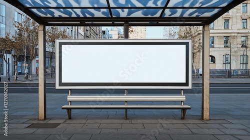 Empty advertising space at a bus stop with bench and urban background : Generative AI