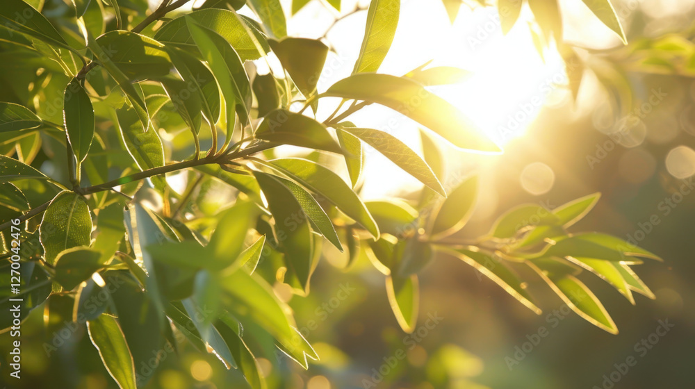 Lush green leaves illuminated by sunlight create serene atmosphere. warm glow enhances natural beauty, evoking sense of tranquility and connection to nature Lush green leaves illuminated by sunlight create serene atmosphere. warm glow enhances natural beauty, evoking sense of tranquility and connection to nature