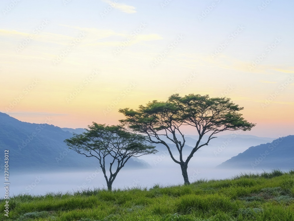 Obraz premium Mystical foggy valleys shrouded in thick mist at dawn, silhouettes of ancient trees emerging, soft light creating ethereal atmosphere.