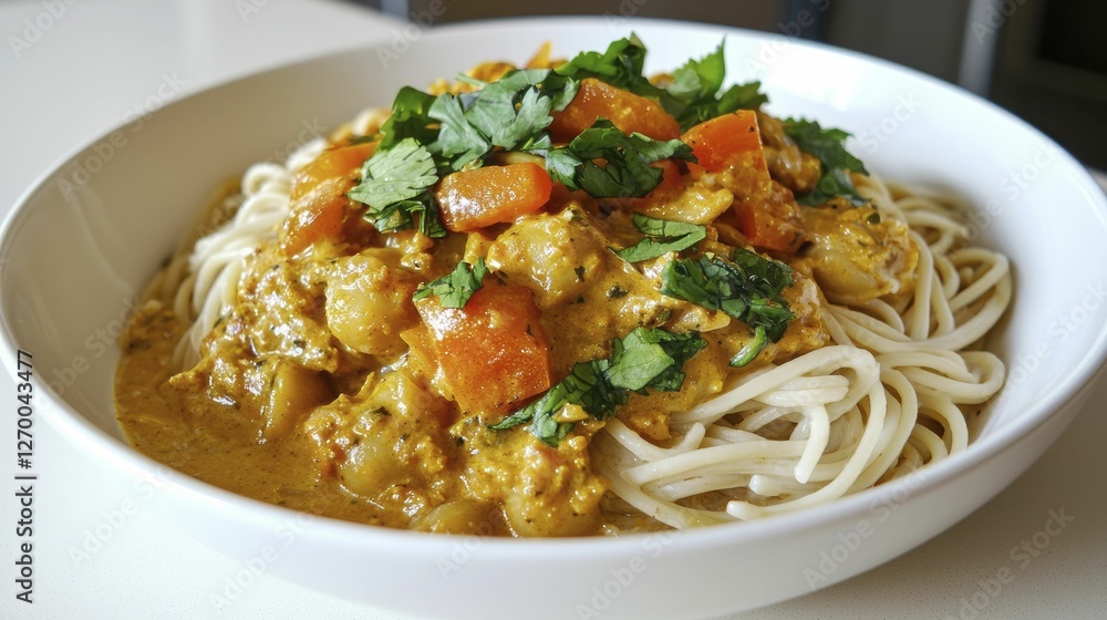 Delicious curry pasta creation featuring delightful textures and fragrant spices. Delicious curry pasta creation featuring delightful textures and fragrant spices.