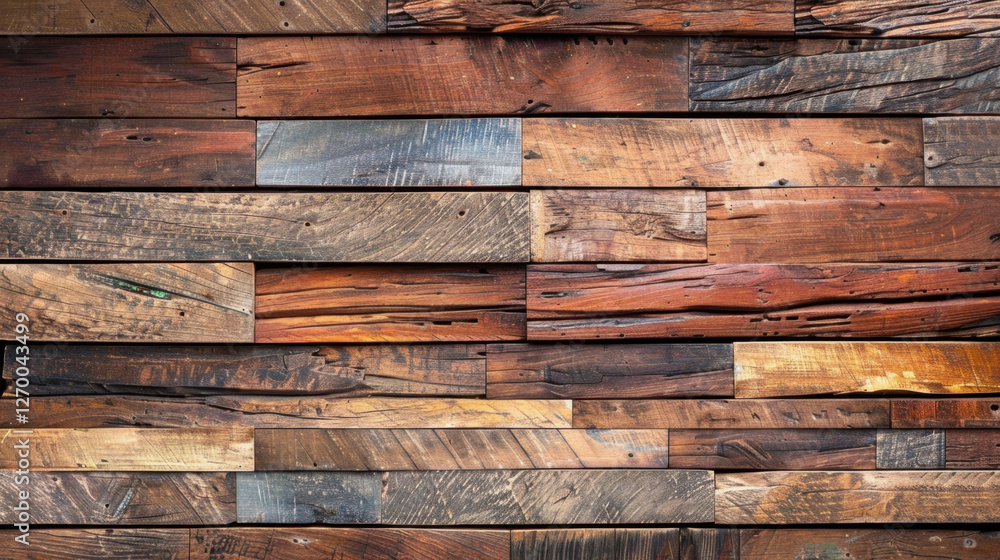 Rustic wooden wall with various shades and textures, showcasing natural grain and imperfections, perfect for interior design or home decor Rustic wooden wall with various shades and textures, showcasing natural grain and imperfections, perfect for interior design or home decor