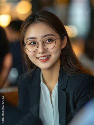 A young professional woman smiling at the camera with glasses and a sleek hairstyle photo