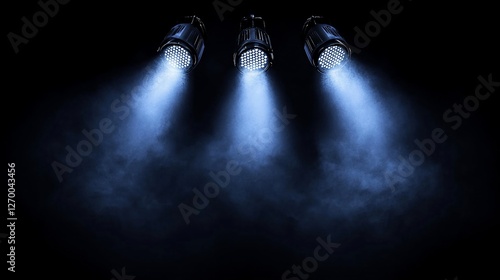 Three stage spotlights shining on smoky background.