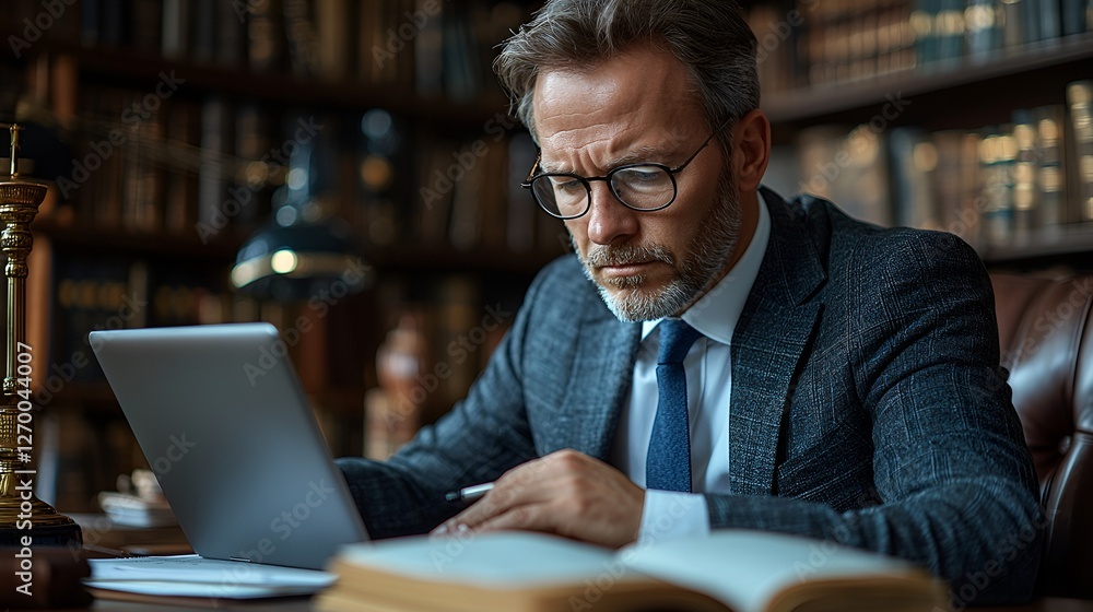 Lawyer working laptop library legal research Lawyer working laptop library legal research
