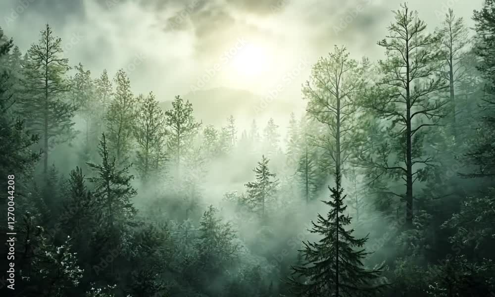 A serene forest scene enveloped in mist, with tall trees reaching towards the cloudy sky, creating a tranquil atmosphere perfect for nature lovers and environmental themes. A serene forest scene enveloped in mist, with tall trees reaching towards the cloudy sky, creating a tranquil atmosphere perfect for nature lovers and environmental themes.