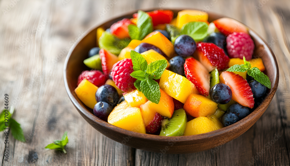Fruit salad on wooden table, close up horizontal Fruit salad on wooden table, close up horizontal