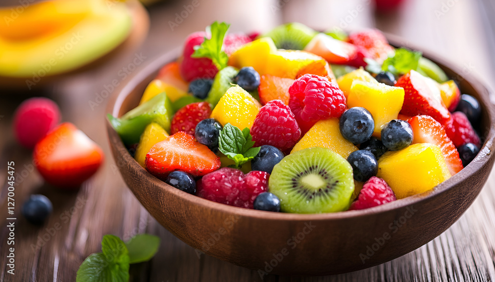Fruit salad on wooden table, close up horizontal Fruit salad on wooden table, close up horizontal