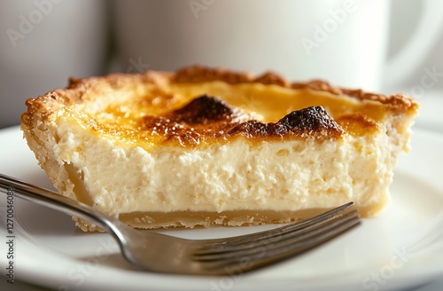 Irresistible Slice of Creamy Custard Pie Served with Fork on White Plate : Generative AI photo