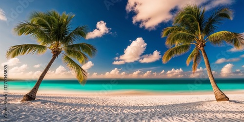 Fototapeta Naklejka Na Ścianę i Meble -  Two palm trees frame a pristine white sand beach with turquoise waters under a vibrant sky.