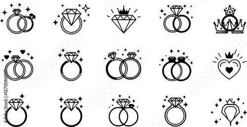 Engagement rings, wedding ring vector set, diamond icon Vector illustration of love and marriage symbols, perfect for wedding invitations, romantic designs, and jewelry branding