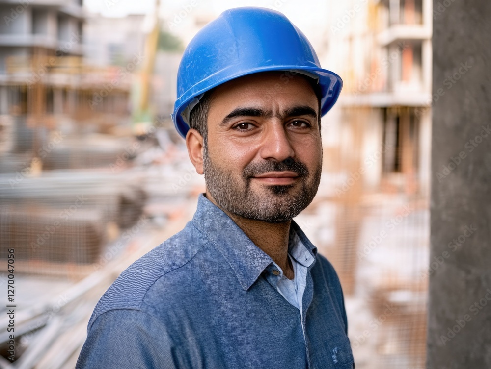 Smiling construction worker in hard hat, safety goggles and blue helmet standing on construction site with cement blocks and rebar. Smiling construction worker in hard hat, safety goggles and blue helmet standing on construction site with cement blocks and rebar.