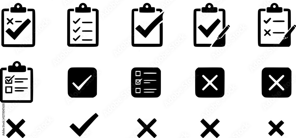 Checklist vector icon set, checkmarks, cross symbols, and clipboard designs vector style. Perfect for task management, to do lists, forms, and productivity related projects Checklist vector icon set, checkmarks, cross symbols, and clipboard designs vector style. Perfect for task management, to do lists, forms, and productivity related projects