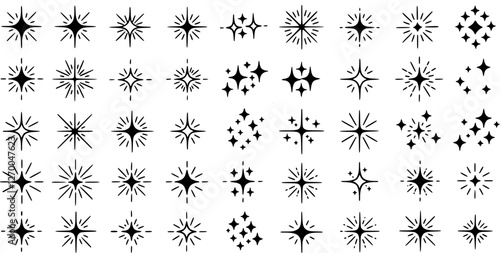 Star Vector Illustration:, star silhouette vector illustration featuring a diverse collection of stars and star like shapes,showcases solid, outlined, and dotted stars