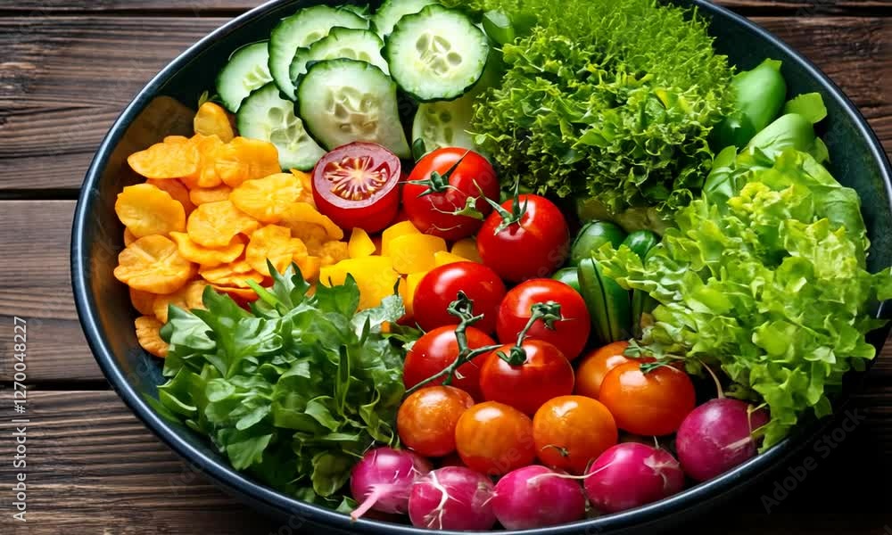 A vibrant assortment of fresh vegetables and fruits arranged in a bowl on a wooden table A vibrant assortment of fresh vegetables and fruits arranged in a bowl on a wooden table