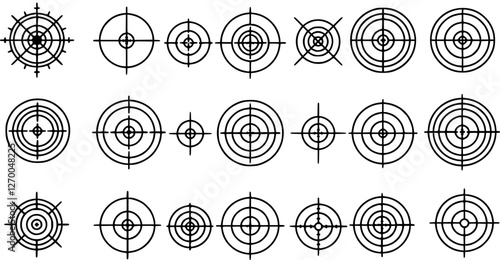Target and aim icon set, crosshair, bullseye vector, precision, accuracy, and focus icon for aiming, archery, shooting, or navigation