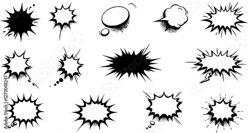 Comic explosion speech bubble vector shapes, speech bubble silhouettes, starburst designs in black. Ideal for graphic design, comic book art, pop art, and digital illustrations