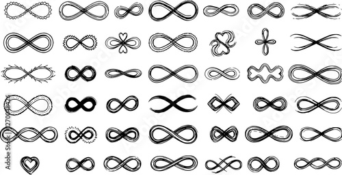 Infinity symbols collection, black infinity vector illustrations on white background. Perfect for logo design, branding, and mathematical representation. Various styles, from classic to artistic 