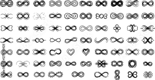 Infinity symbols collection, black infinity vector illustrations on white background. Perfect for logo design, branding, and mathematical representation. Various styles, from classic to artistic 