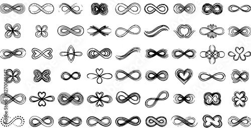 Infinity symbols collection, black infinity vector illustrations on white background. Perfect for logo design, branding, and mathematical representation. Various styles, from classic to artistic 