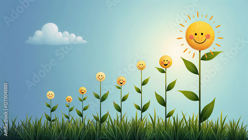 A row of smiling flower faces in green grass grow taller from left to right against a clear blue sky, culminating in a bright sun-like flower on the right.