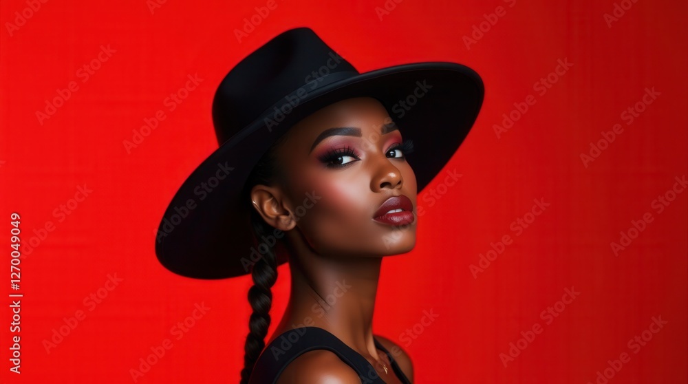 Confident Black Woman in Fashion Portrait with Black Hat Against Red Background Confident Black Woman in Fashion Portrait with Black Hat Against Red Background