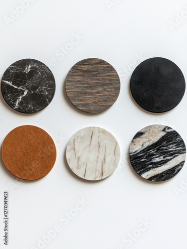 Set of six round coasters featuring marble and wood designs on black bases. Ideal for decorating coffee tables.