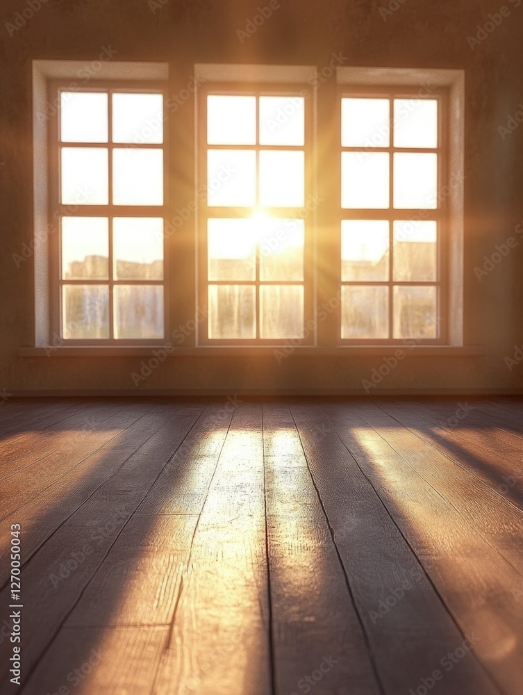 Bright and serene room with sunlight streaming through two windows, casting shadows on the wooden floor. Bright and serene room with sunlight streaming through two windows, casting shadows on the wooden floor.