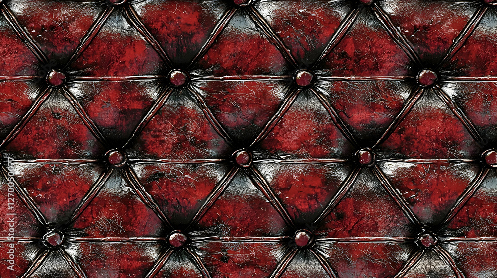 Fototapeta premium Red Leather Upholstery Texture Close-up, Diamond Pattern, Vintage Background, Design Element