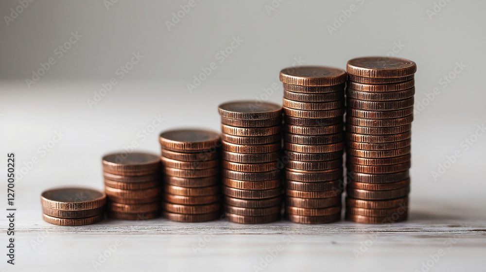 Ascending stacks of copper coins illustrate financial growth.