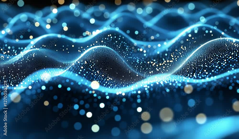Abstract representation of glowing blue waves with sparkling particles creating a dynamic ocean effect Abstract representation of glowing blue waves with sparkling particles creating a dynamic ocean effect
