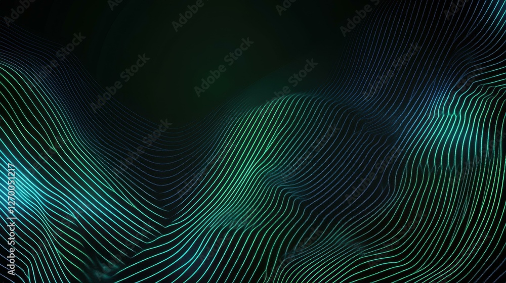 Naklejka premium Explore a dynamic techinspired backdrop featuring fluid neural networks and binary code in vibrant blue and green hues.