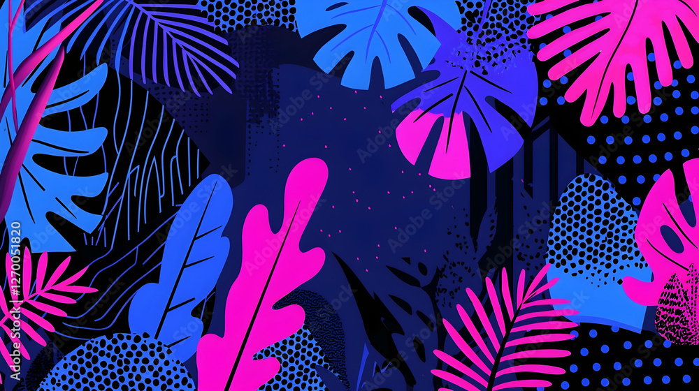 Vibrant tropical leaves pattern background design, digital art illustration for website banner Vibrant tropical leaves pattern background design, digital art illustration for website banner