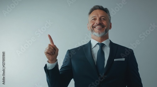 Business suit man points to product with confident smile. photo