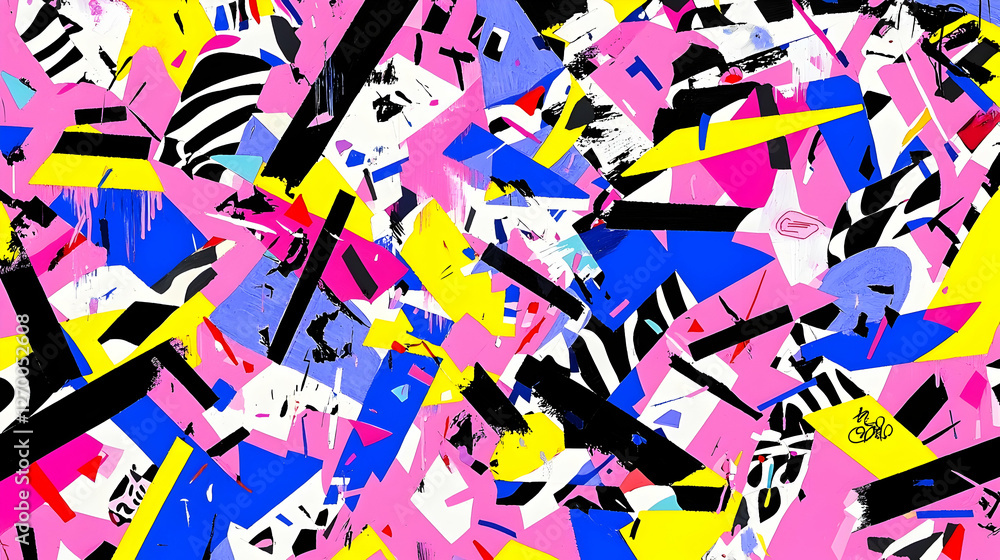 Obraz premium Abstract colorful collage, chaotic design, vibrant geometric shapes, digital artwork background, ideal for textile print