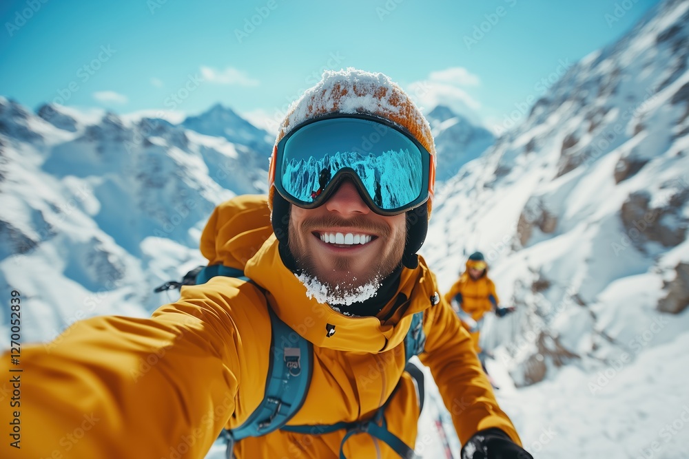Skier enjoys vibrant selfie at mountain summit in sunny winter landscape Skier enjoys vibrant selfie at mountain summit in sunny winter landscape
