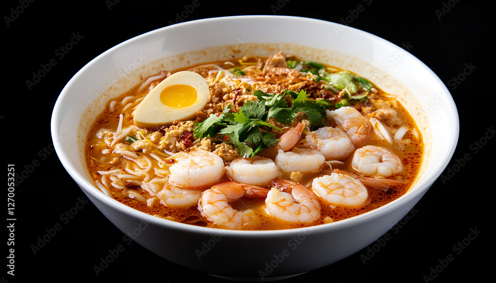 Laksa Shrimp Soup. Prawn noodle laksa soup on black background, top view, copy space. Asian Malaysian food Laksa Shrimp Soup. Prawn noodle laksa soup on black background, top view, copy space. Asian Malaysian food