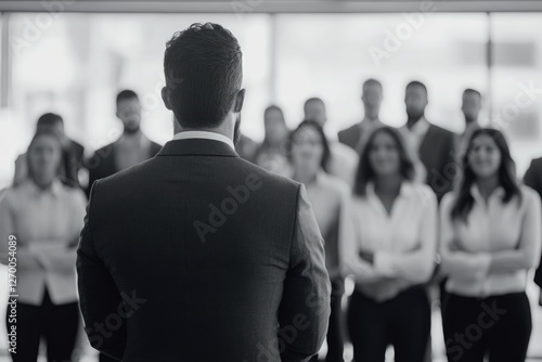 Businessman speaking at conference, motivating team of professionals in suit jackets and ties.