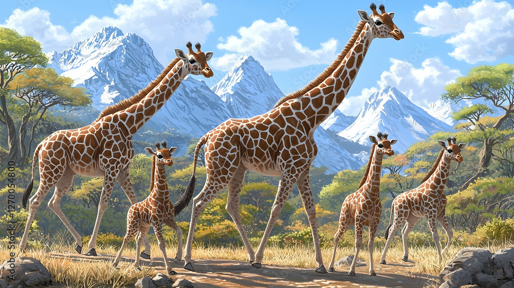 Fototapeta premium Giraffe family walking, African savanna, majestic mountains background, wildlife conservation