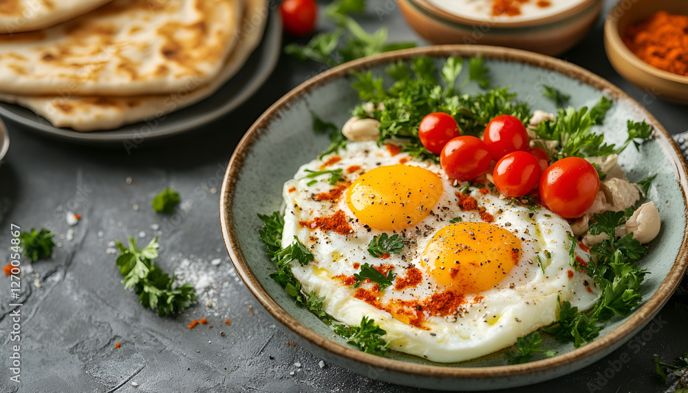 Turkish eggs Cilbir and fresh pita bread for traditional Turkish breakfast served on plate closeup, top view. Turkish cuisine, mezze dish. Poached eggs with greek yogurt, herbs and spicy butter Turkish eggs Cilbir and fresh pita bread for traditional Turkish breakfast served on plate closeup, top view. Turkish cuisine, mezze dish. Poached eggs with greek yogurt, herbs and spicy butter