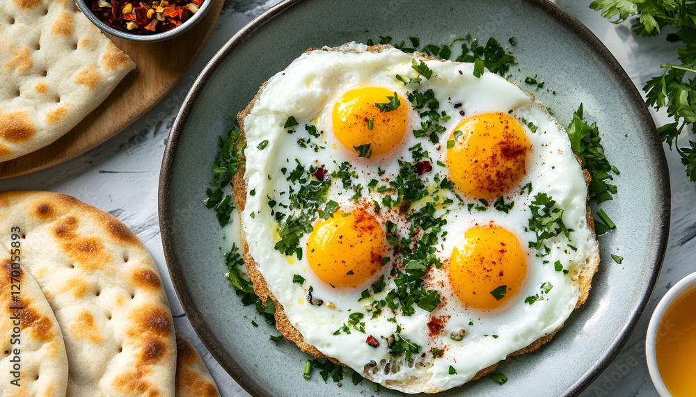 Turkish eggs Cilbir and fresh pita bread for traditional Turkish breakfast served on plate closeup, top view. Turkish cuisine, mezze dish. Poached eggs with greek yogurt, herbs and spicy butter Turkish eggs Cilbir and fresh pita bread for traditional Turkish breakfast served on plate closeup, top view. Turkish cuisine, mezze dish. Poached eggs with greek yogurt, herbs and spicy butter
